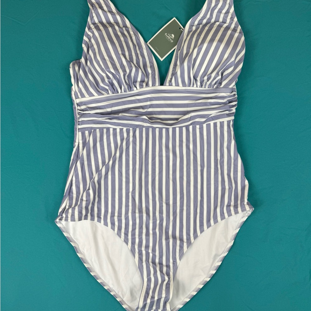 Eomenie Women’s One Piece Swimsuit Blue White Stripe V Neck Tummy Control NWT L - Picture 3 of 6